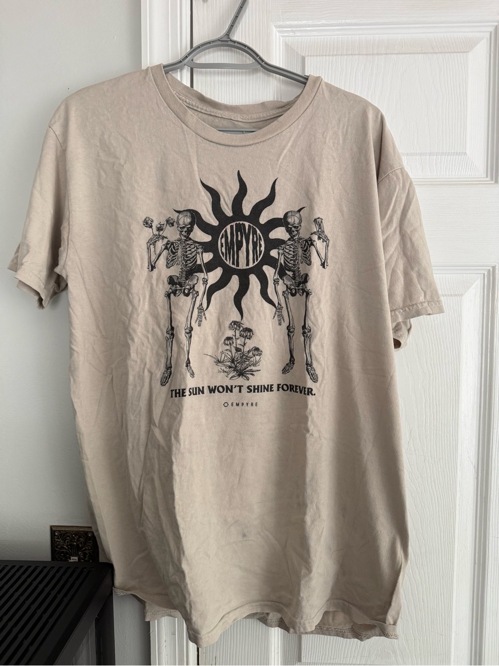 Empyre Beige Graphic Short Sleeve Tee with Black Skeleton Sun Print